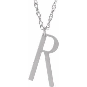 Sterling Silver Block Initial R 16-18" Necklace with Brush Finish
