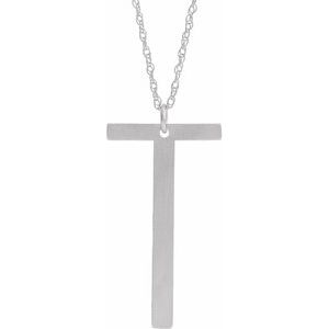 14K White Block Initial T 16-18" Necklace with Brush Finish