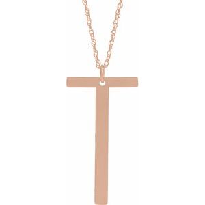 14K Rose Block Initial T 16-18" Necklace with Brush Finish