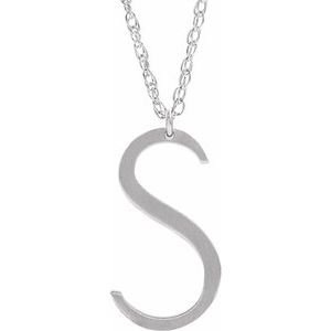 14K White Block Initial S 16-18" Necklace with Brush Finish