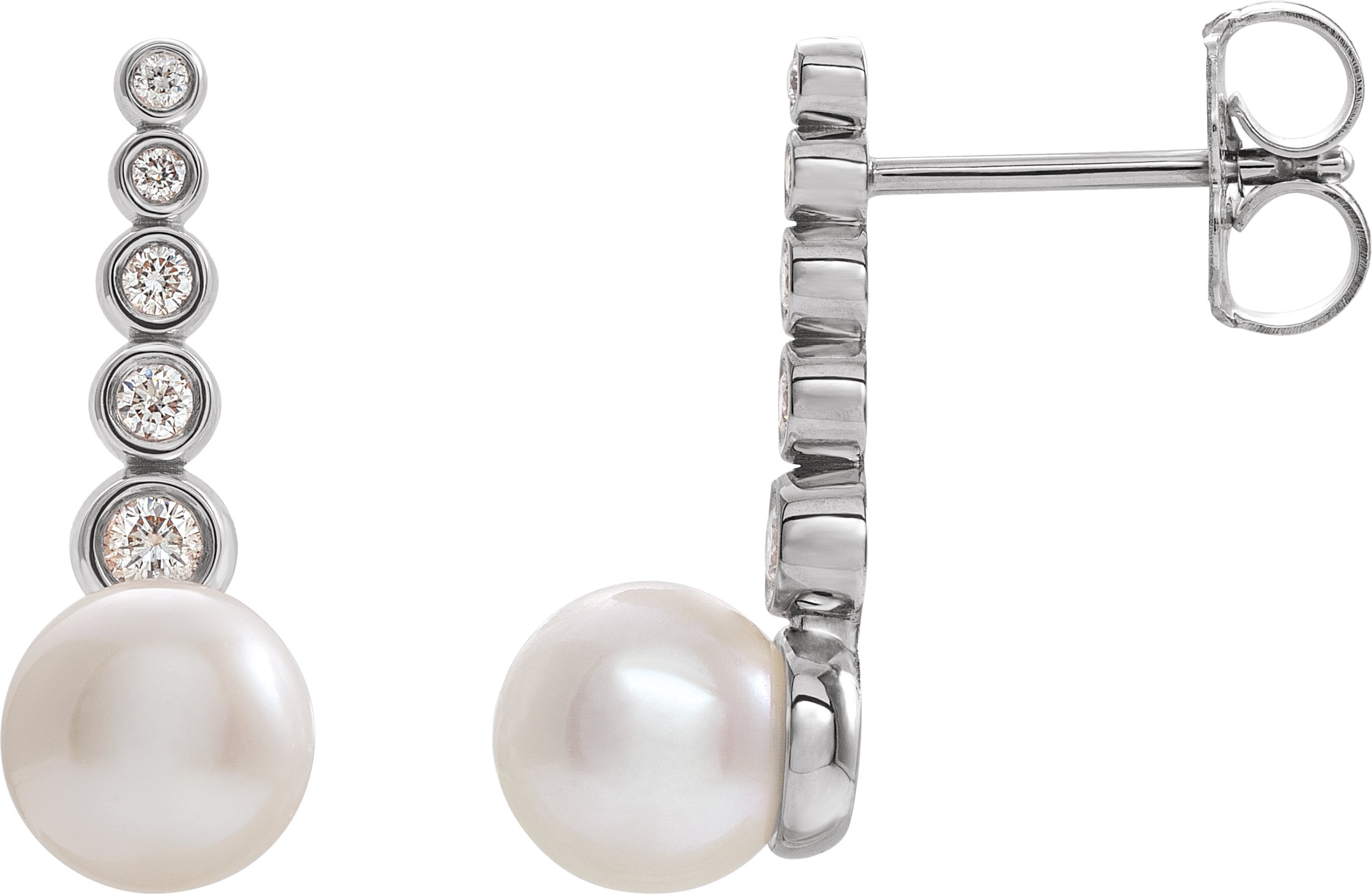 14K White Cultured White Freshwater Pearl & 1/8 CTW Natural Diamond Earrings