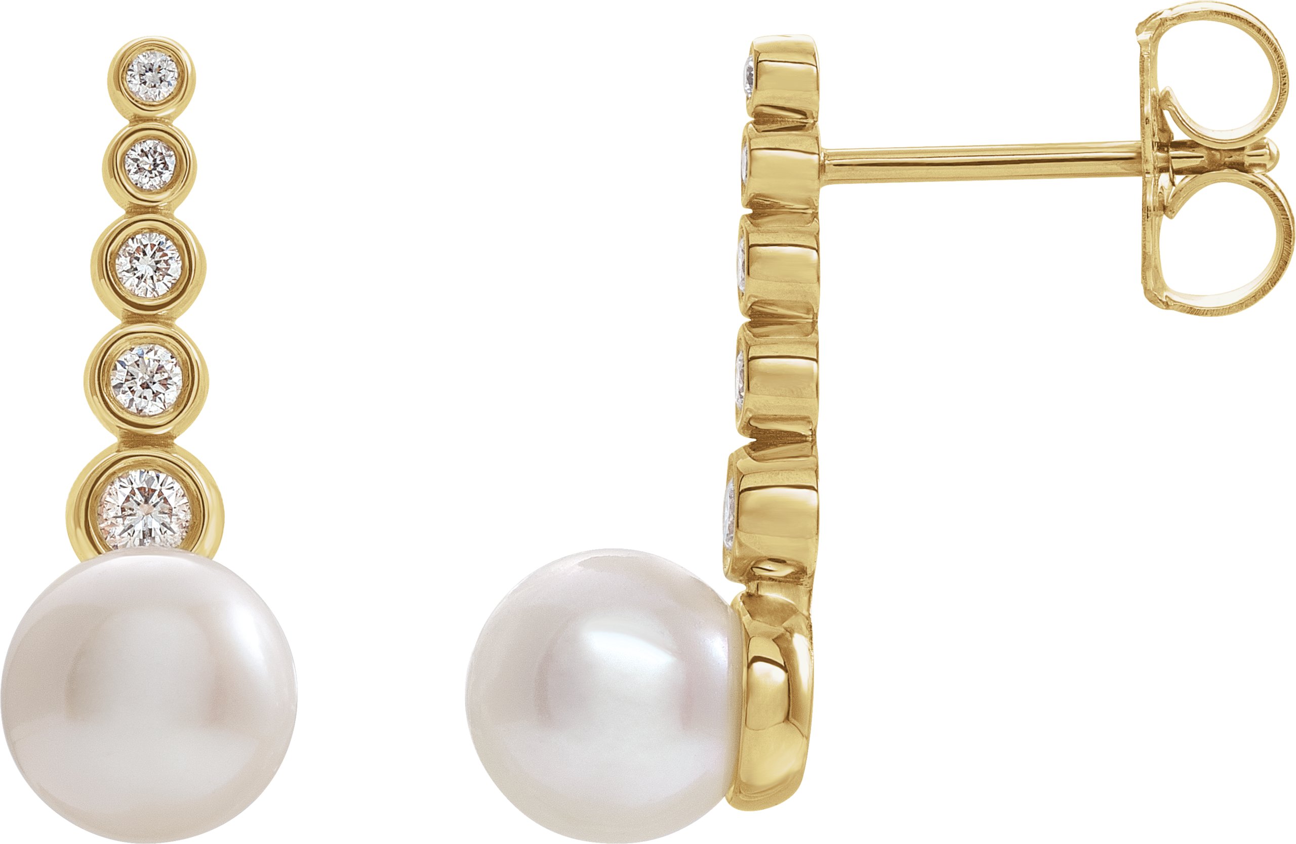 14K Yellow Cultured White Freshwater Pearl & 1/8 CTW Natural Diamond Earrings