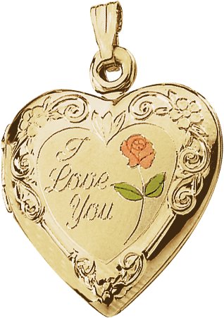 14K Yellow 20x19 mm Enameled Roses "I Love You" Heart Locket  