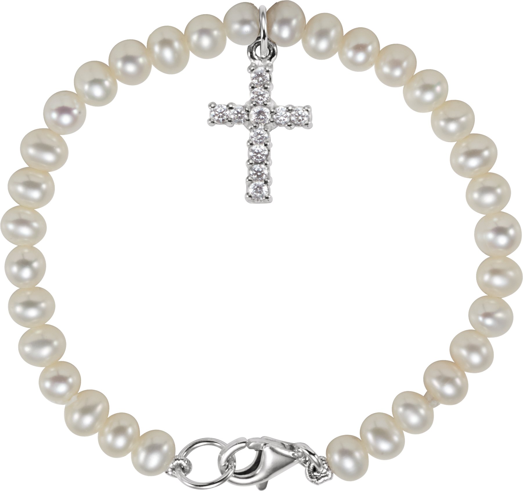 Sterling Silver Cultured White Freshwater Pearl & Imitation White Cubic Zirconia Cross 5 1/2" Bracelet