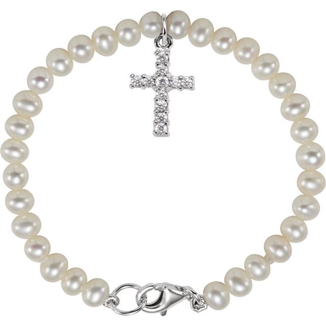 Sterling Silver Cultured White Freshwater Pearl & Imitation White Cubic Zirconia Cross 5.5