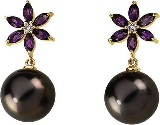 Tahitian Pearl and Amethyst Flower Earrings 12mm .13 CTW Ref 915009