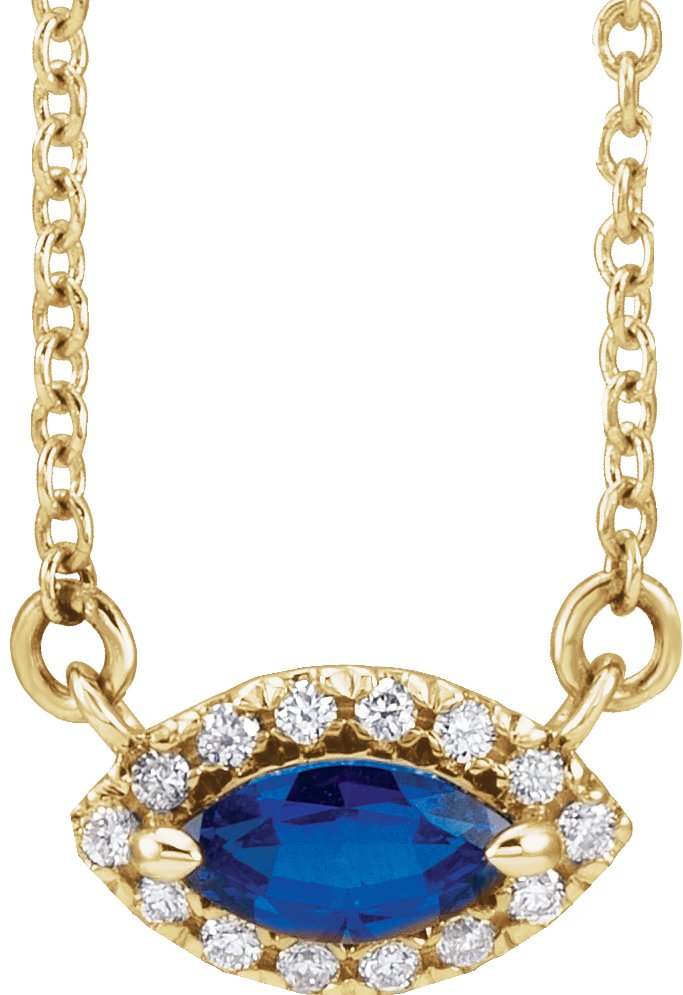 14K Yellow Lab-Grown Blue Sapphire & .05 CTW Natural Diamond Halo-Style 16" Necklace