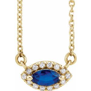14K Yellow Lab-Grown Blue Sapphire & .05 CTW Natural Diamond Halo-Style 18" Necklace