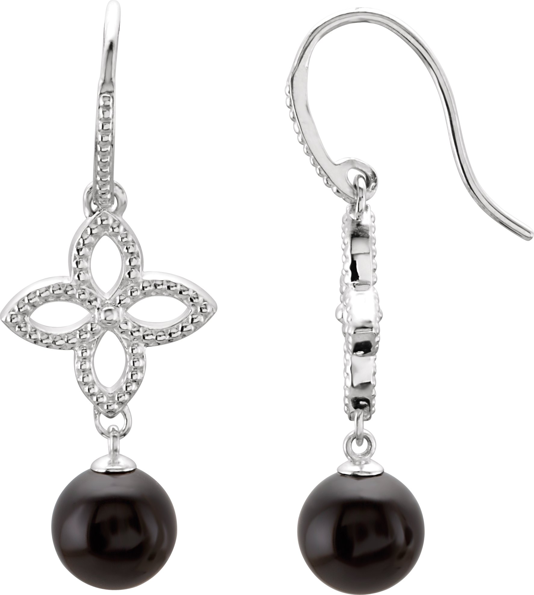 Sterling Silver Onyx Granulated Floral Inspired Earrings Ref 4947960