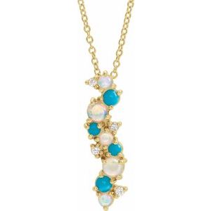 14K Yellow Natural Ethiopian Opal Turquoise & .03 CTW Natural Diamond 16-18" Necklace