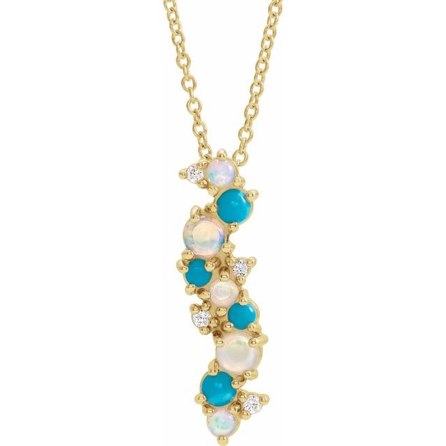 14K Yellow Natural Ethiopian Opal Turquoise & .03 CTW Natural Diamond 16-18 Necklace