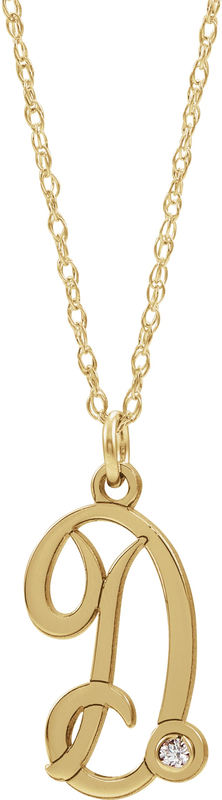 14K Yellow .02 CT Diamond Script Initial D 16-18" Necklace