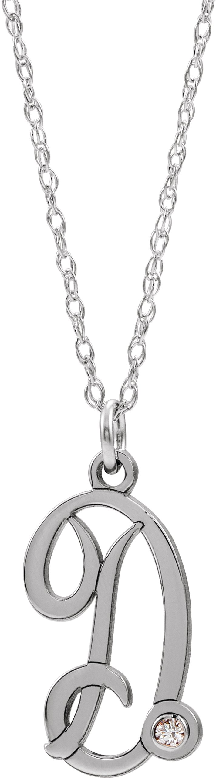 14K White .02 CT Diamond Script Initial D 16-18" Necklace