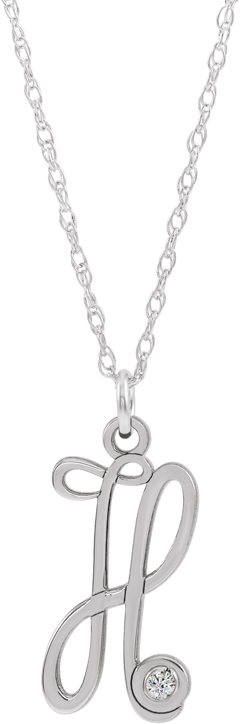Sterling Silver .02 CT Diamond Script Initial H 16-18" Necklace