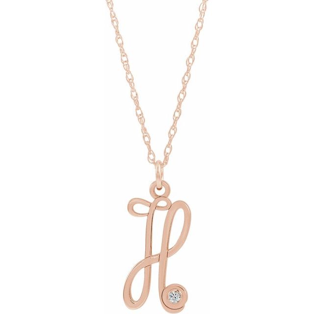 14K Rose Gold-Plated Sterling Silver .02 CT Diamond Script Initial H 16-18