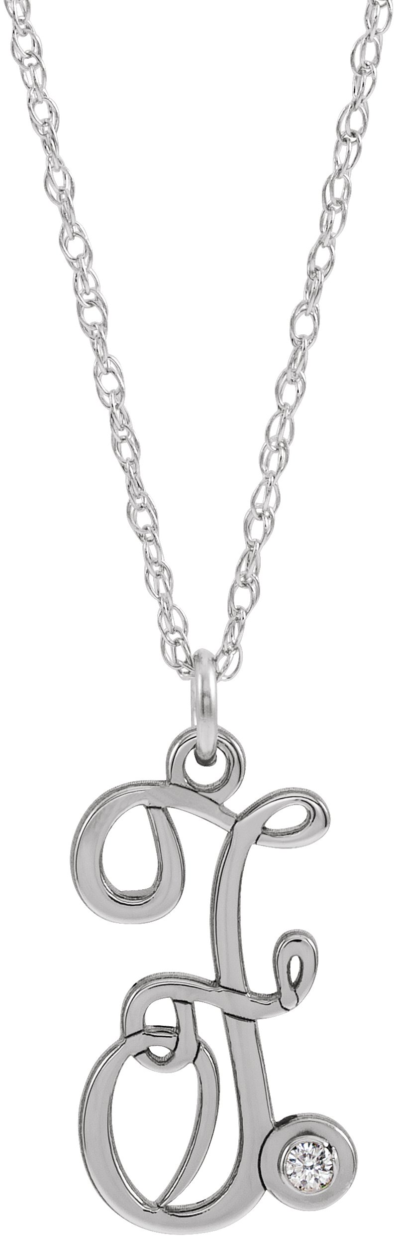 Sterling Silver .02 CT Diamond Script Initial F 16 18 inch Necklace Ref. 16047597
