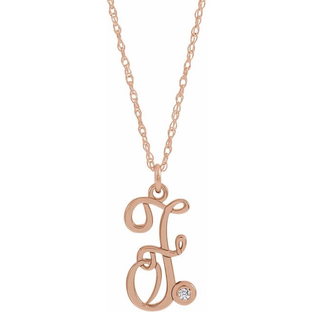 14K Rose Gold-Plated Sterling Silver .02 CT Diamond Script Initial F 16-18