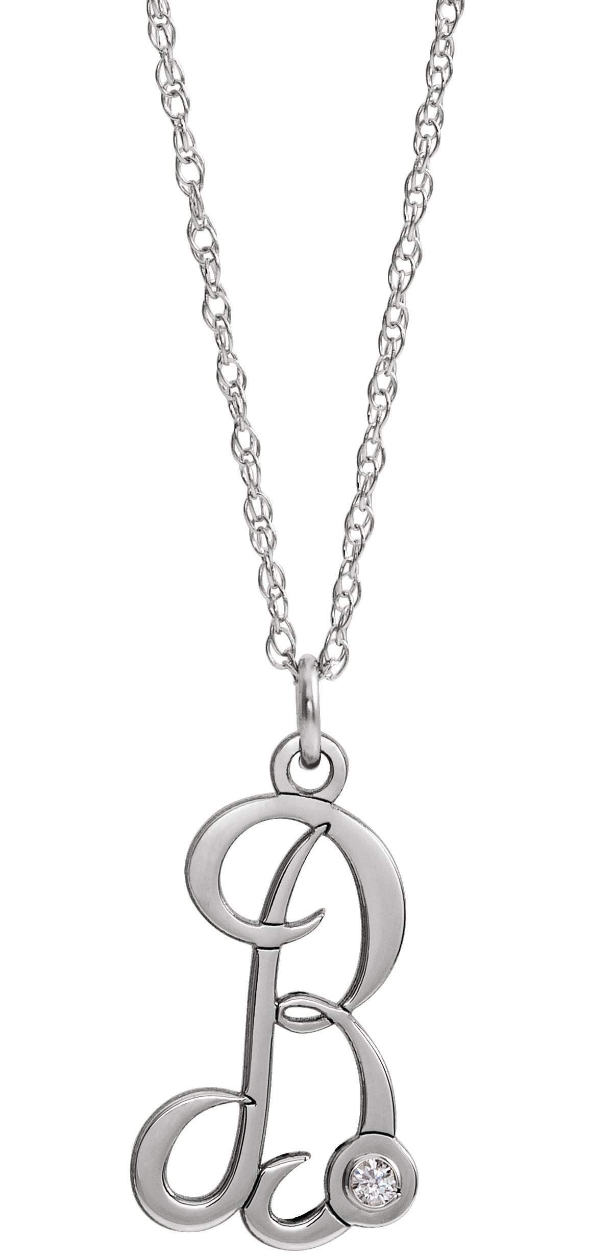 Sterling Silver .02 CT Diamond Script Initial B 16-18" Necklace