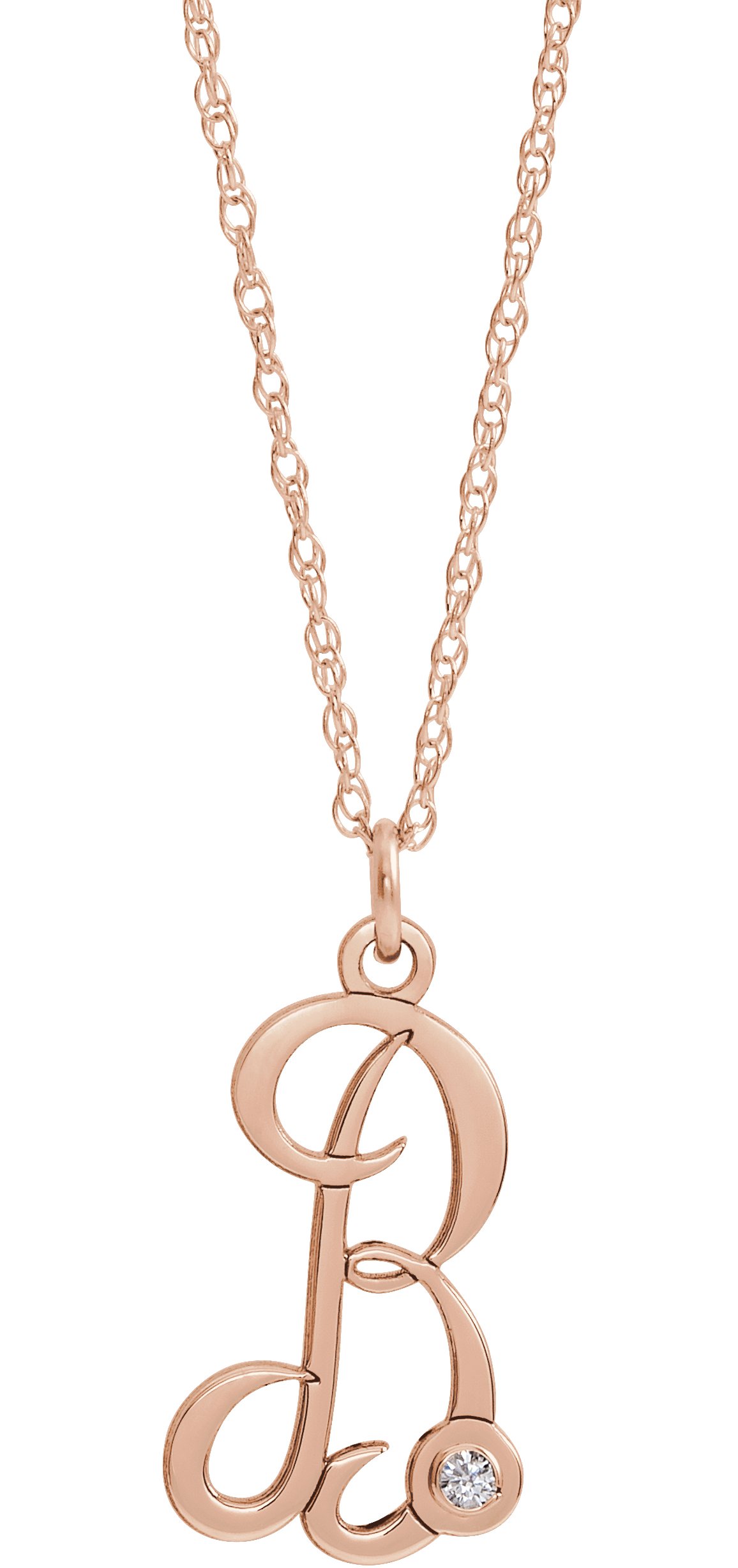 14K Rose .02 CT Diamond Script Initial B 16-18" Necklace