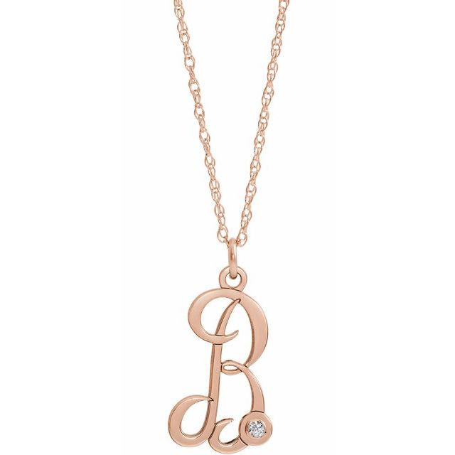 14K Rose Gold-Plated Sterling Silver .02 CT Diamond Script Initial B 16-18