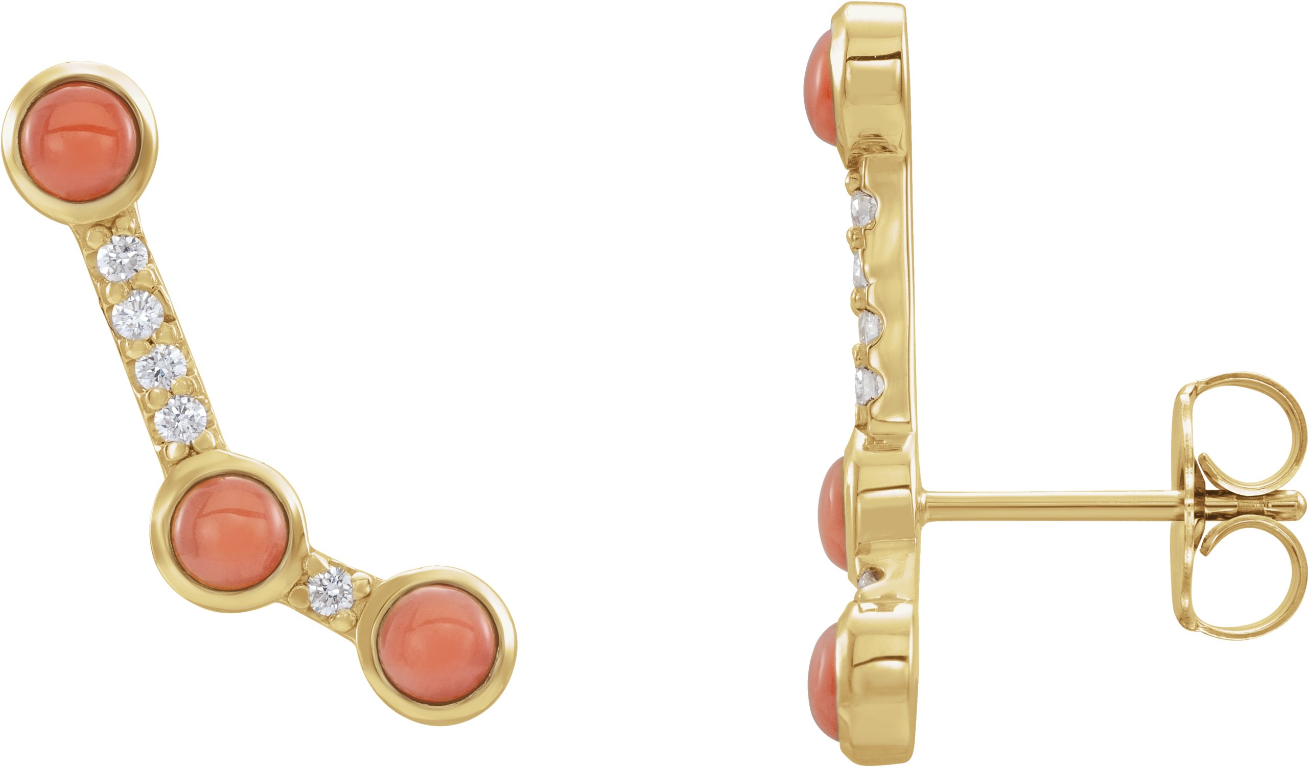 14K Yellow Natural Pink Coral & .08 CTW Natural Diamond Ear Climbers