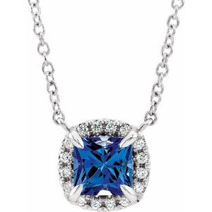 14K White 3x3 mm Square Lab-Grown Blue Sapphire & .05 CTW Diamond 18" Necklace