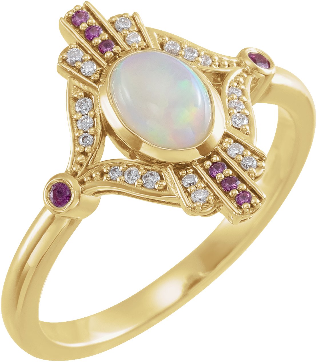 14K Yellow Natural Ethiopian Opal, Natural Pink Sapphire & .06 CTW Natural Diamond Cabochon Ring