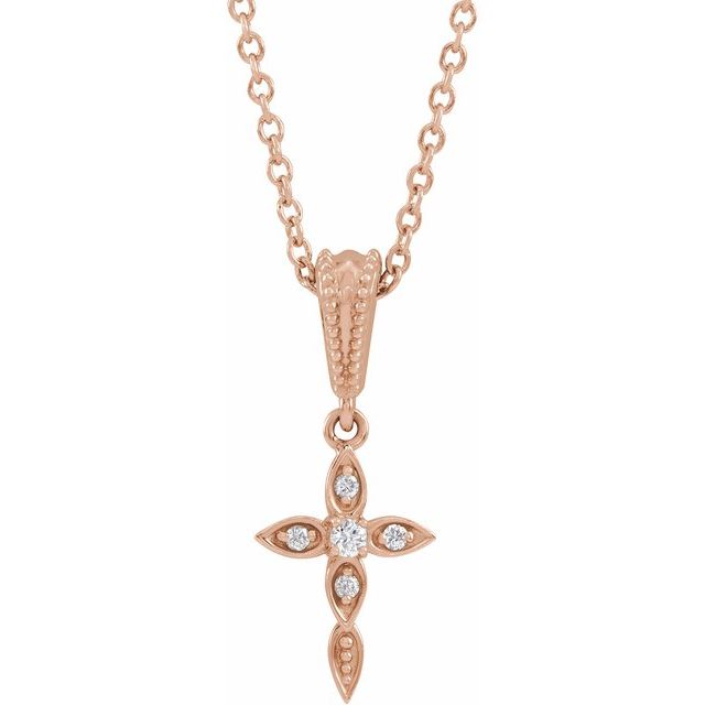 14K Rose .03 CTW Natural Diamond Petite Vintage-Inspired 16-18" Cross Necklace