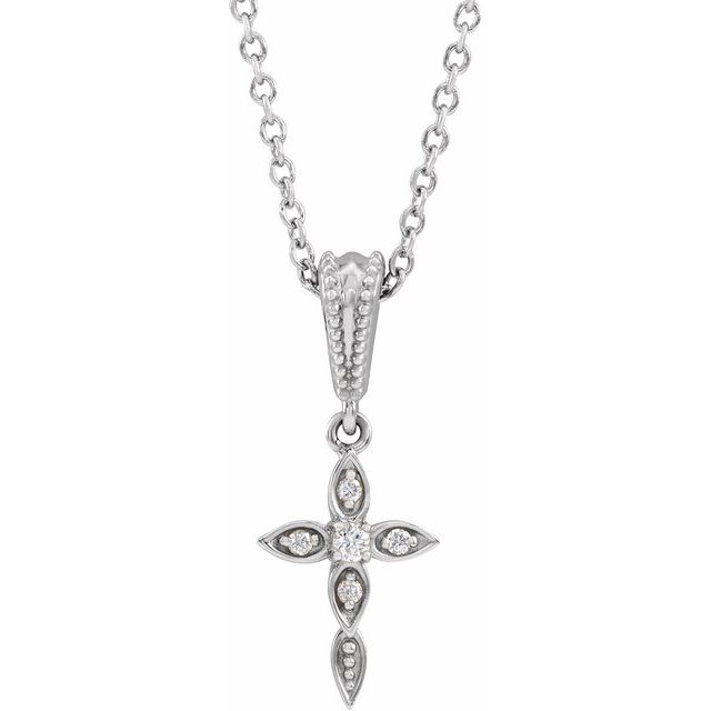 14K White .03 CTW Diamond Petite Vintage-Inspired 16-18" Cross Necklace