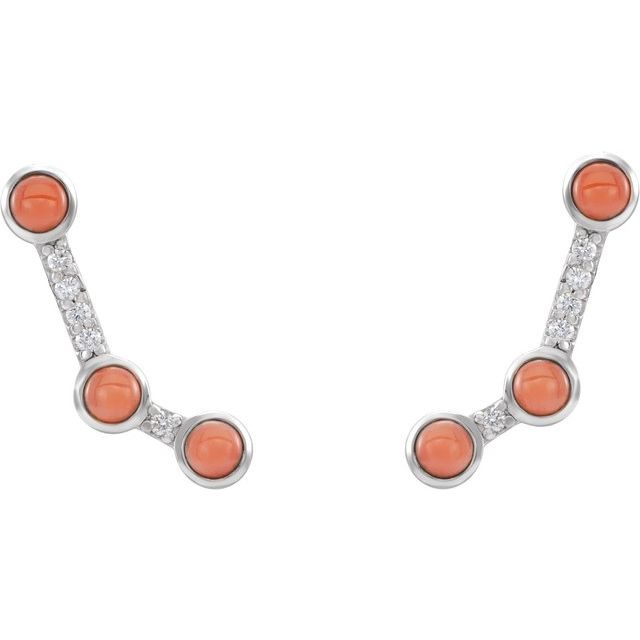 14K White Natural Pink Coral & .01 CTW Natural Diamond Ear Climbers