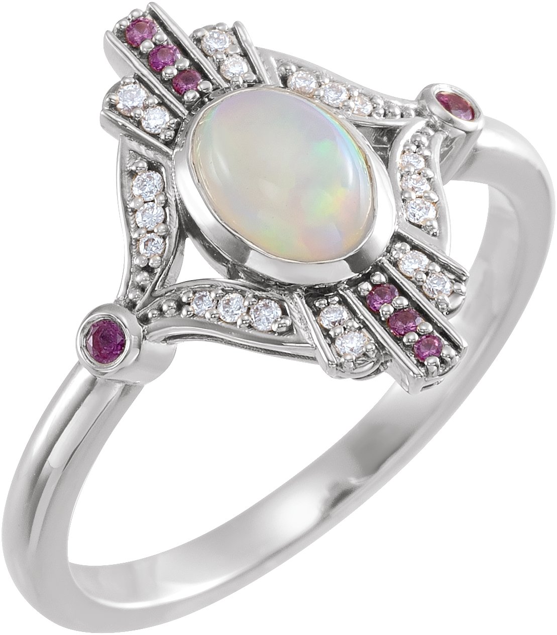 Sterling Silver Natural Ethiopian Opal, Natural Pink Sapphire & .06 CTW Natural Diamond Cabochon Ring