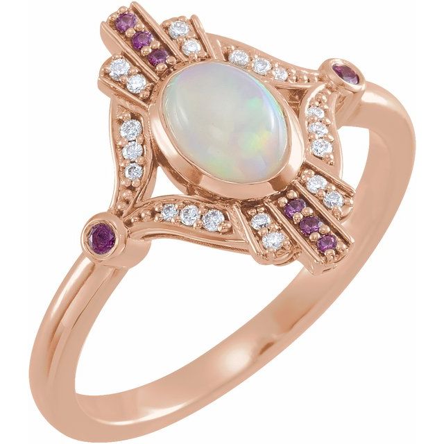 14K Rose Natural Ethiopian Opal, Natural Pink Sapphire & .06 CTW Natural Diamond Cabochon Ring