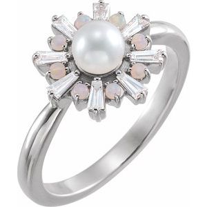 14K White  Cultured White Akoya Pearl, White Opal & 1/4 CTW Diamond 
