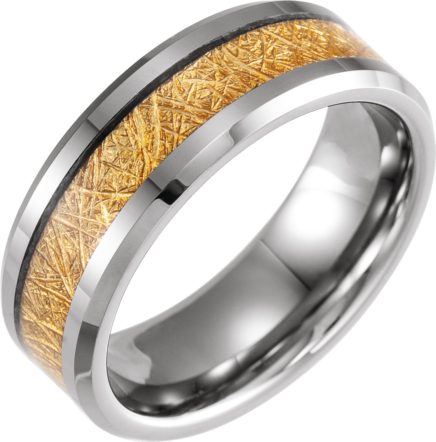 Tungsten Band with Imitation Gold Meteorite Inlay Size 11