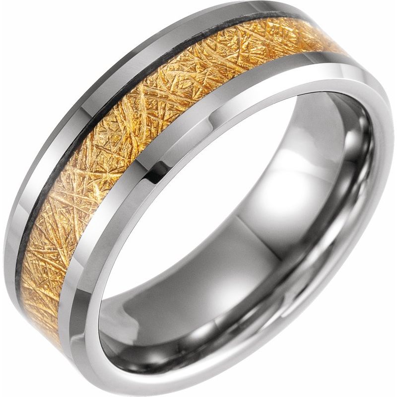 Beveled-Edge Imitation Gold Meteorite Inlay Comfort-Fit Flat Band