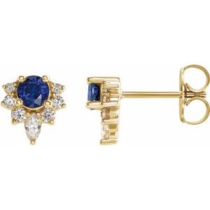 14K Yellow Natural Blue Sapphire & 1/6 CTW Natural Diamond Earrings