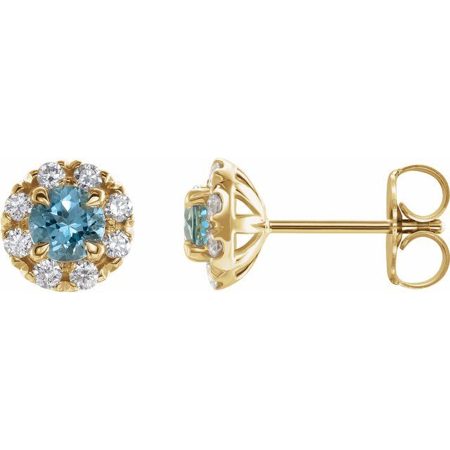 14K Yellow 4 mm Natural Blue Zircon & 1/5 CTW Natural Diamond Halo-Style Earrings