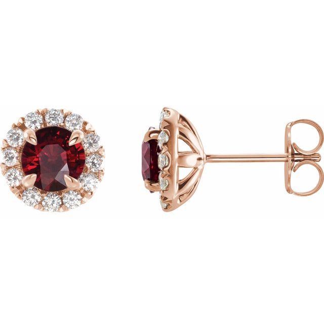 14K Rose 6 mm Natural Mozambique Garnet & 1/3 CTW Natural Diamond Halo-Style Earrings