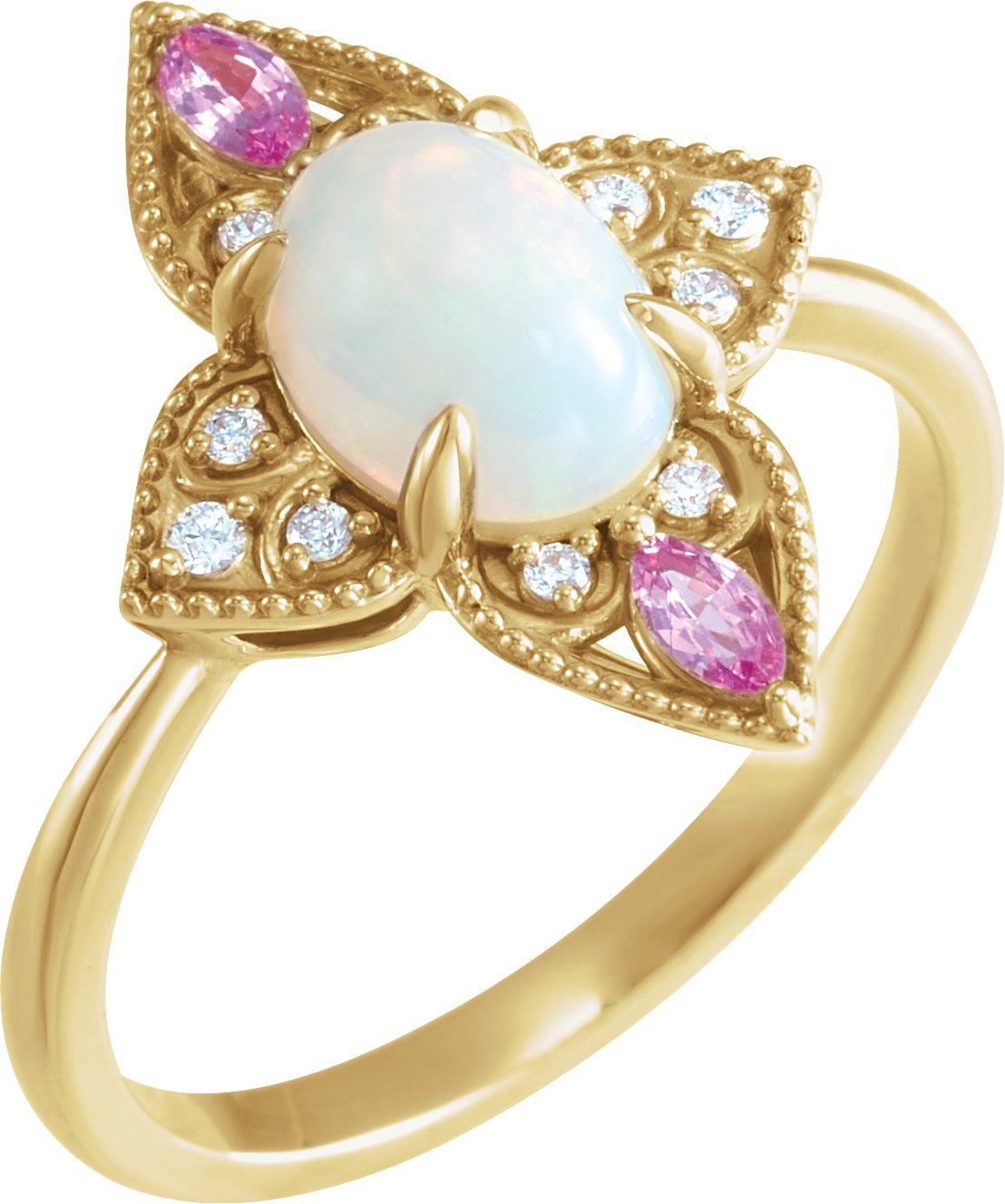 14K Yellow Natural Ethiopian Opal, Natural Pink Sapphire & .05 CTW Natural Diamond Ring
