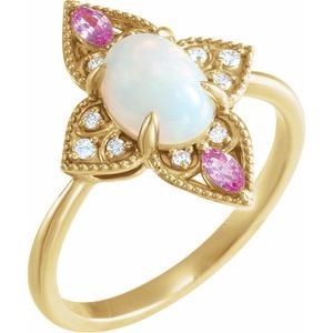 14K Yellow Natural Ethiopian Opal, Natural Pink Sapphire & .05 CTW Natural Diamond Ring