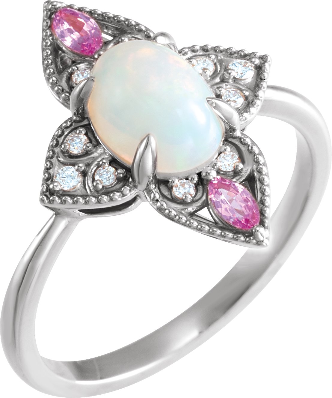 14K White Natural Ethiopian Opal, Natural Pink Sapphire & .05 CTW Natural Diamond Vintage-Inspired Ring