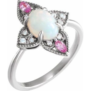 14K White Natural Ethiopian Opal, Natural Pink Sapphire & .05 CTW Natural Diamond Vintage-Inspired Ring
