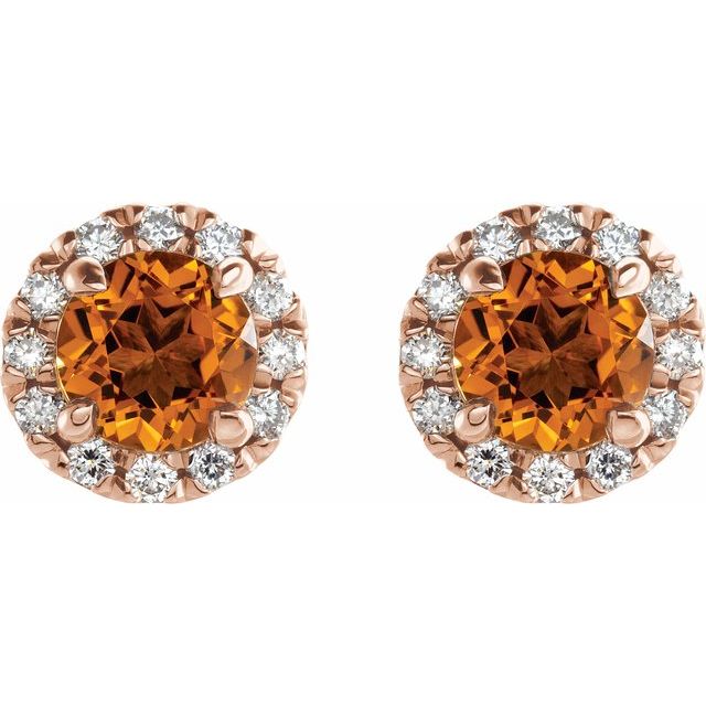 14K Rose 5 mm Natural Citrine & 1/3 CTW Natural Diamond Halo-Style Earrings