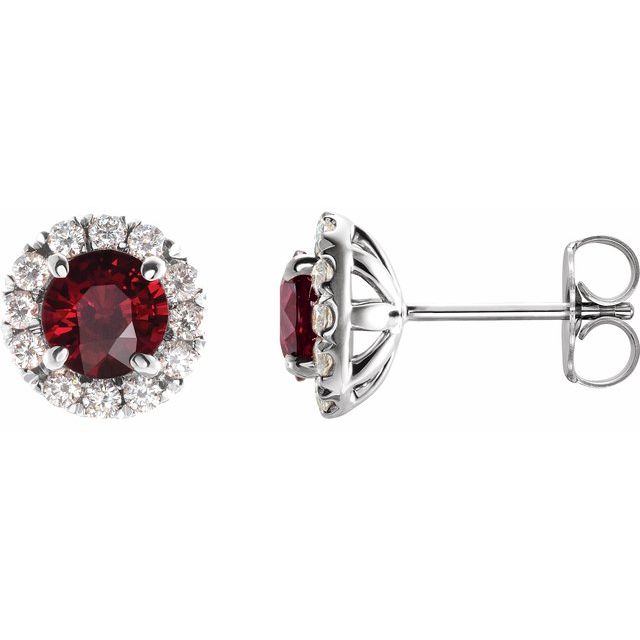 14K White 5 mm Natural Mozambique Garnet & 1/3 CTW Natural Diamond Halo-Style Earrings