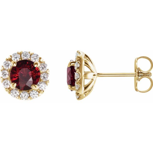 14K Yellow 5 mm Natural Mozambique Garnet & 1/3 CTW Natural Diamond Halo-Style Earrings