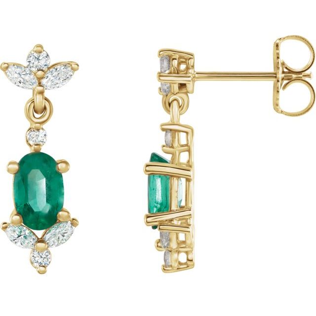 14K Yellow Lab-Grown Emerald & 1/3 CTW Natural Diamond Earrings