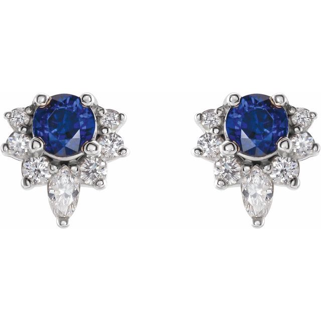 14K White Natural Blue Sapphire & 1/6 CTW Natural Diamond Earrings