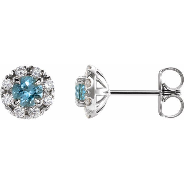 14K White 6 mm Natural Blue Zircon & 1/3 CTW Natural Diamond Halo-Style Earrings