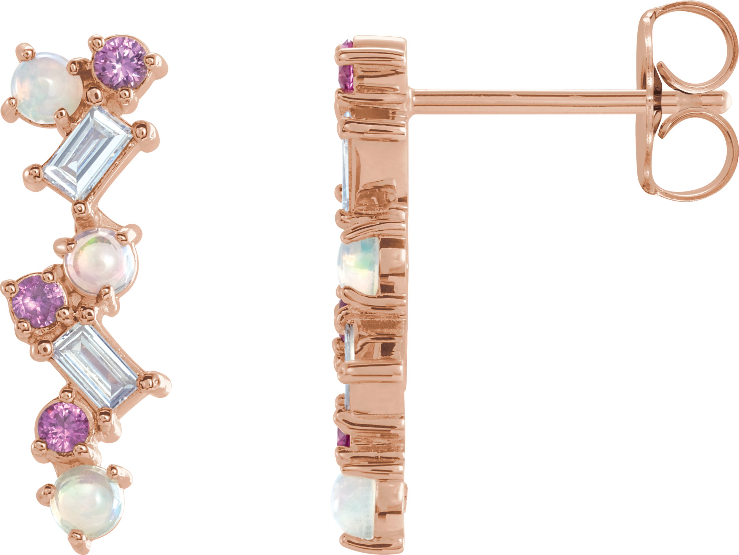 14K Rose Natural Ethiopian Opal, Natural Pink Sapphire & 1/10 CTW Natural Diamond Scattered Bar Earrings