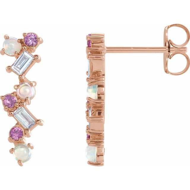14K Rose Ethiopian Opal, Pink Sapphire & 1/10 CTW Diamond Scattered Bar Earrings